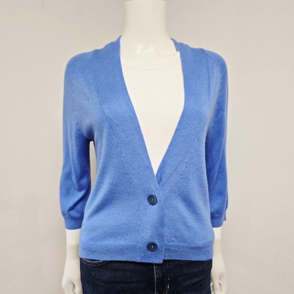 Chicos Cardigan Sweater Size 0 Small Blue V-Neck 3/4 Sleeve Angora Silk Blend